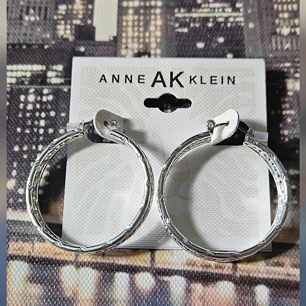 Anne Klein Textured Silver Hoop Earrings NWT
